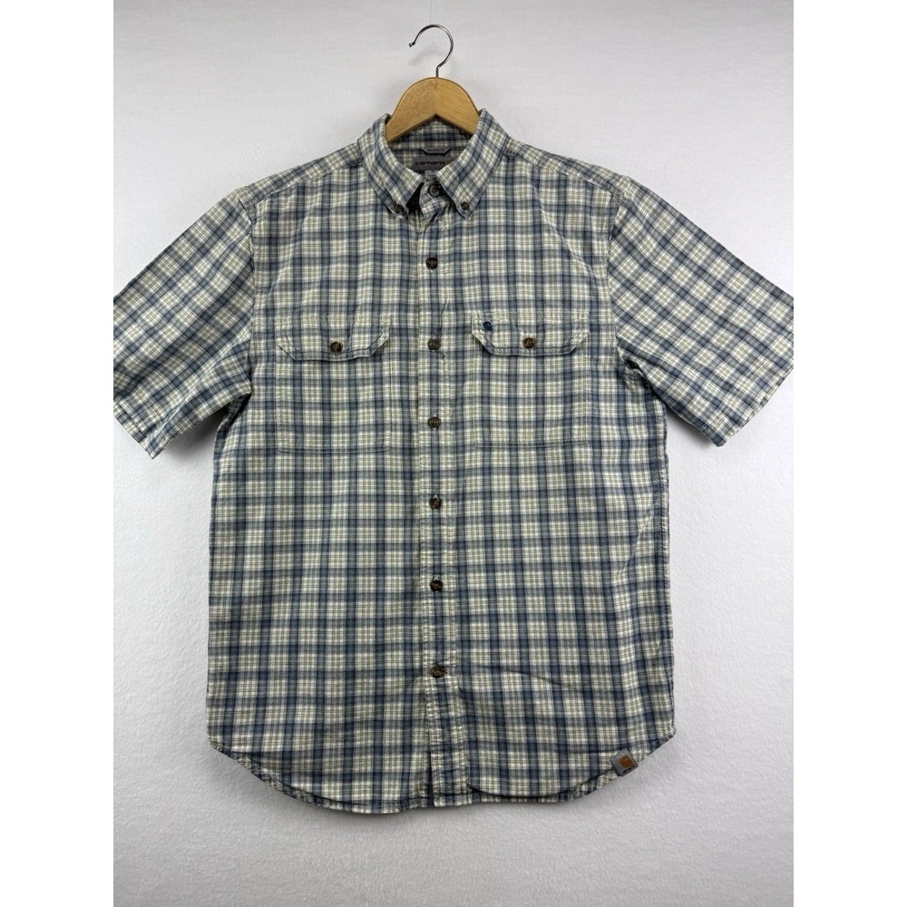 Carhartt Shirt Mens Medium Blue Brown Plaid Button Down Relaxed Fit Short Sleeve